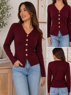 SIONI Jacket Sweater Maroon Cardigan Gold Embellished Buttons Women Size Small